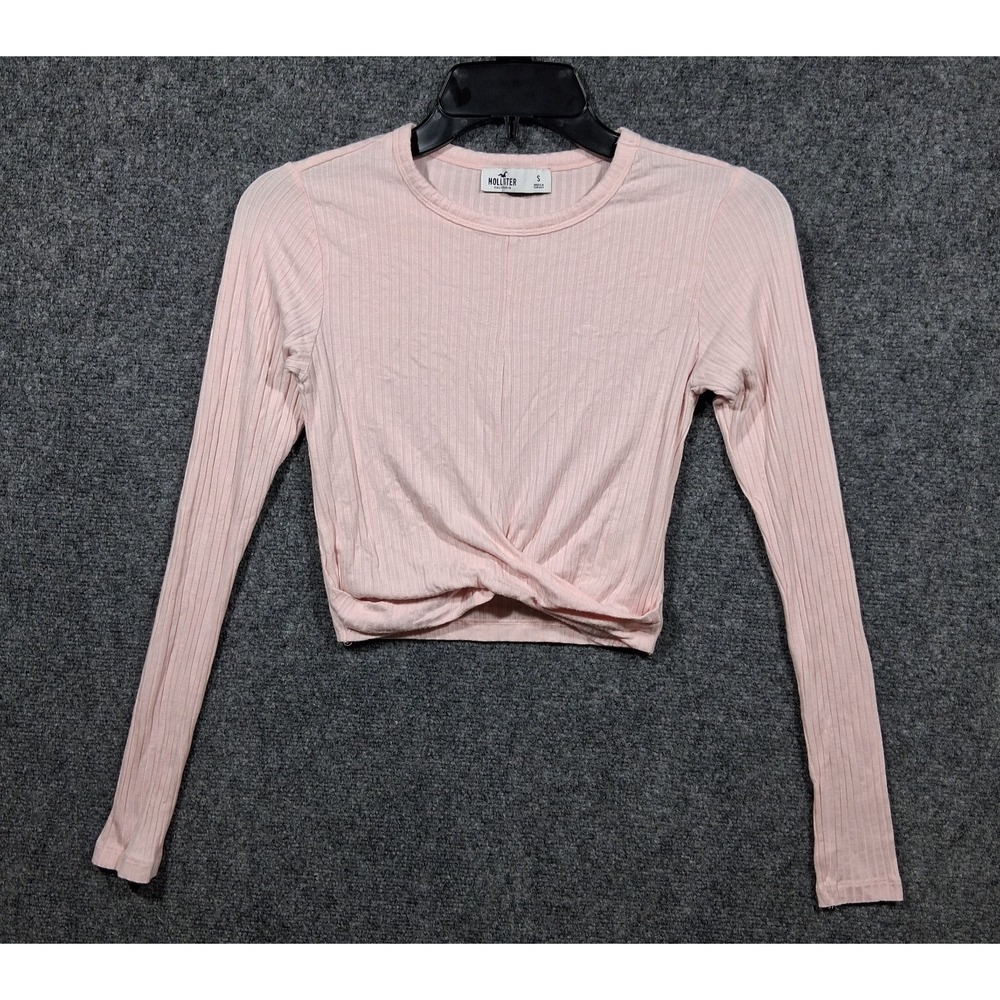 Hollister Womens Light Pink Ribbed Twist Front Long Sleeve Crop Top Size S